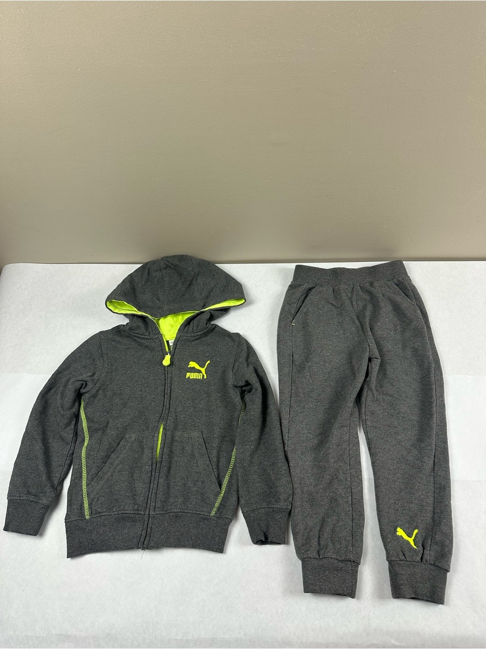 Puma Kids Gray Sweatshirt & Joggers with Neon Yellow Accents